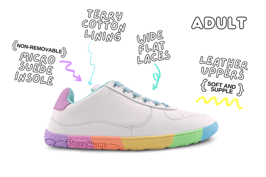 White sneaker with colourful sole and text labels detailing features, on a white background