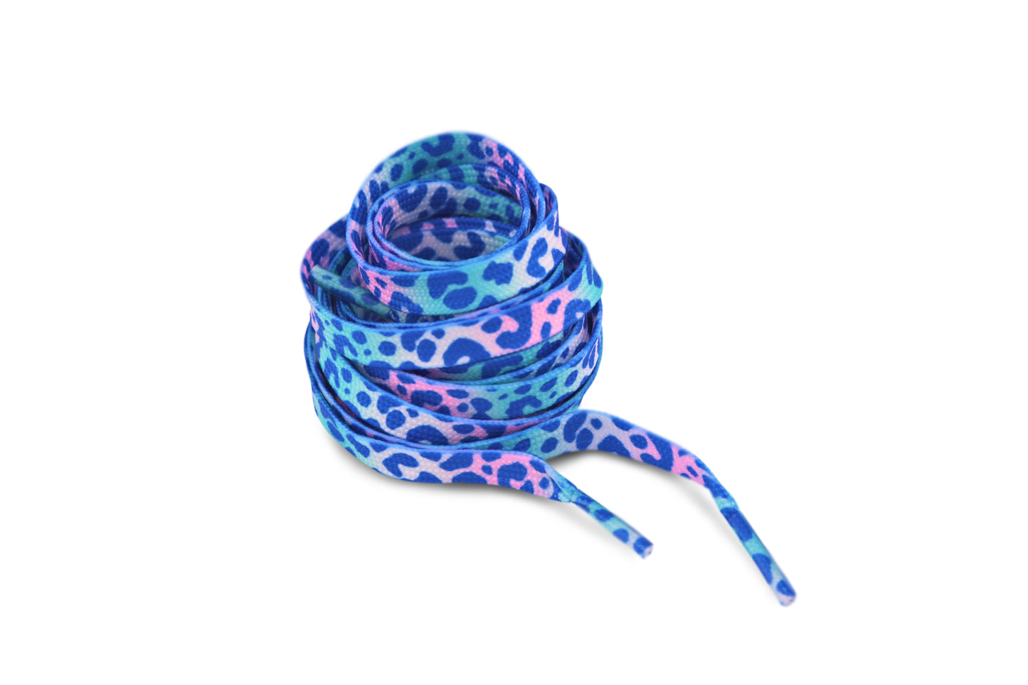 Colorful blue leopard shoelaces with a pattern on a white background