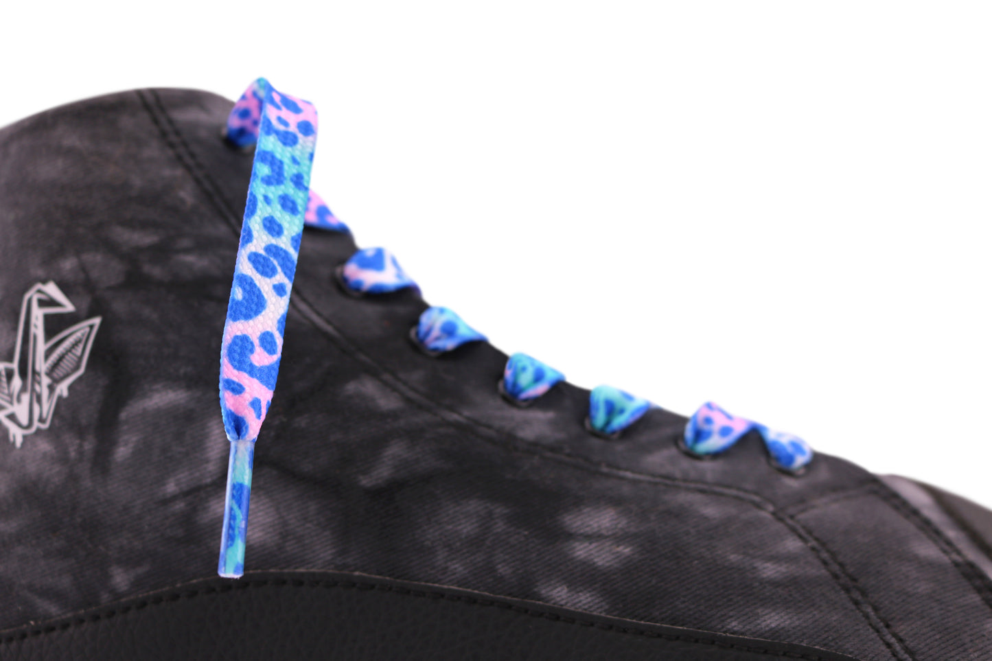 Black tie dye boots with blue leopard lace on a white background