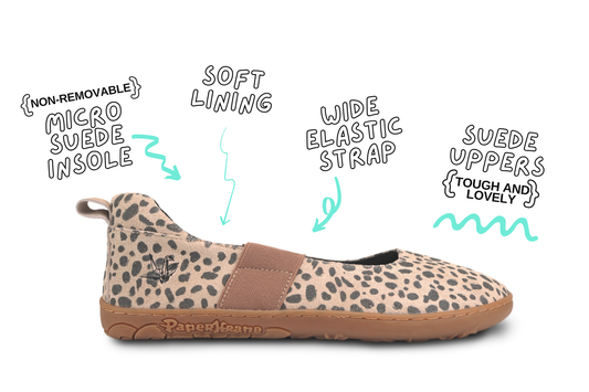 Cheetah print slip-on shoe with text highlighting features on a white background