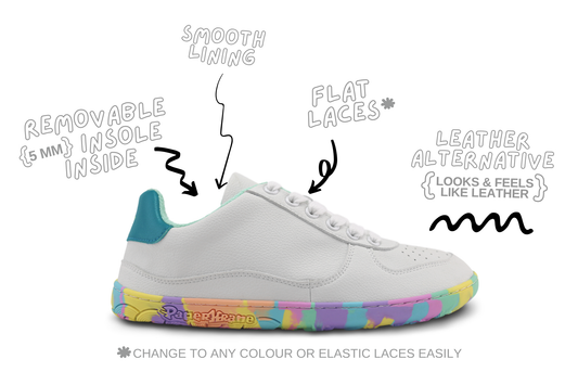 A white low-top sneaker with teal heel tab and a multicolour rainbow-patterned sole, shown on a white background with hand-drawn callouts describing features like smooth lining, flat laces, removable insole, and leather alternative.