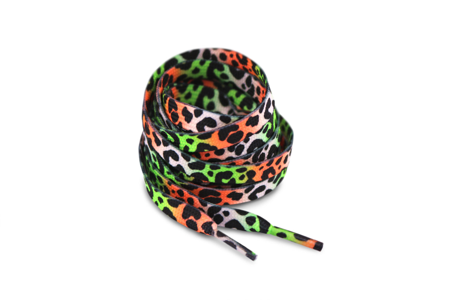 Neon leopard print shoelaces on a white background