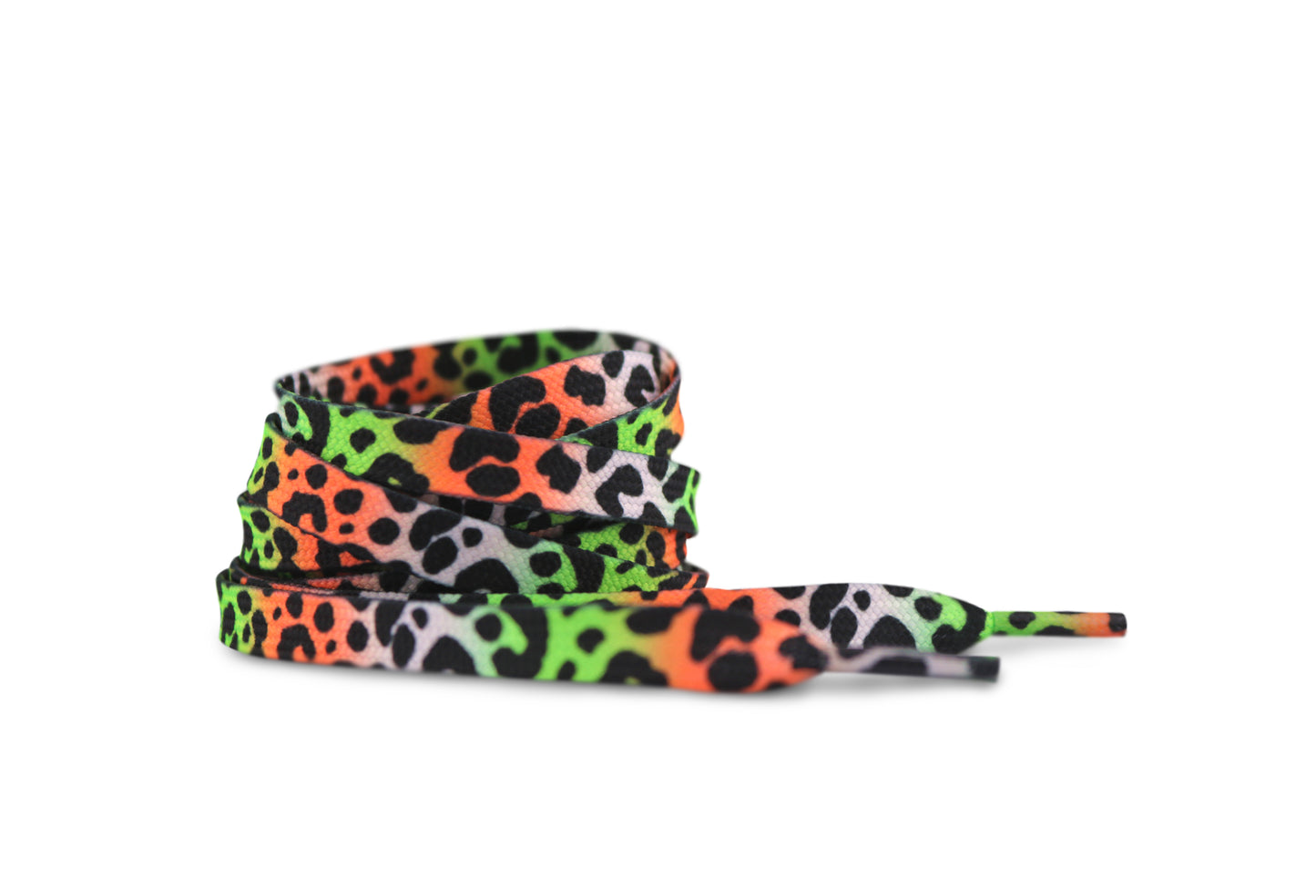 Colorful orange, green and black leopard print shoelaces on a white background