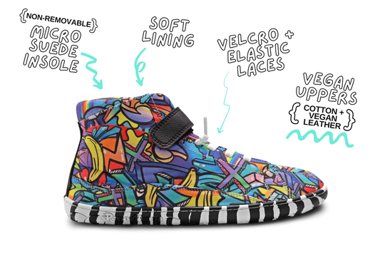 PaperKrane foot-shaped Mid Top barefoot shoes with graffiti print on cotton, black velcro strap, and zebra soles. Shows a side view of one shoe with details written on a white background.