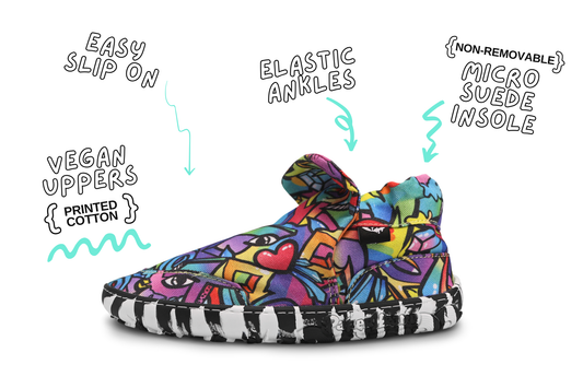 PaperKrane Graffiti signature style barefoot shoe slip ons, with hand-drawn graffiti print and zebra soles, this image also shows the details of the shoe in writing