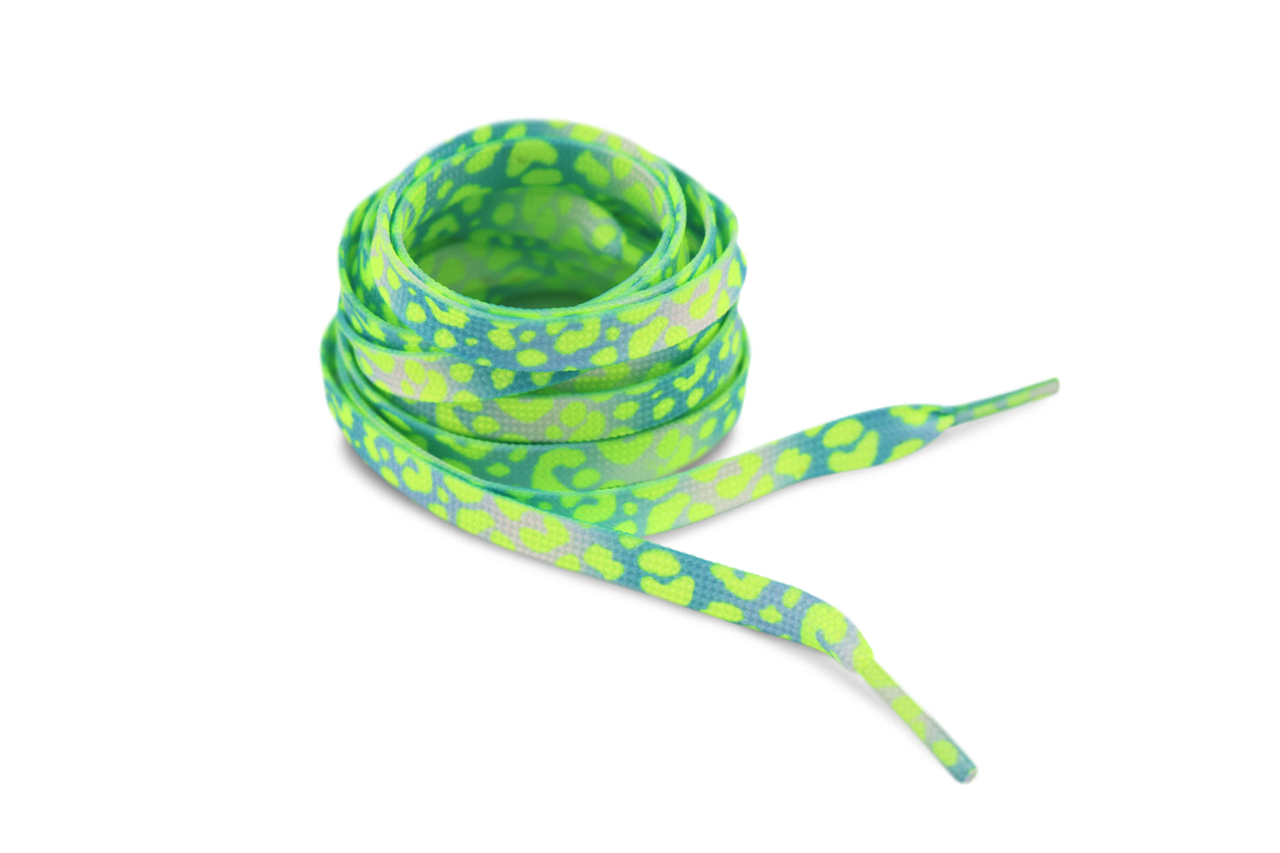 A pair of green flat shoelaces with a animal print