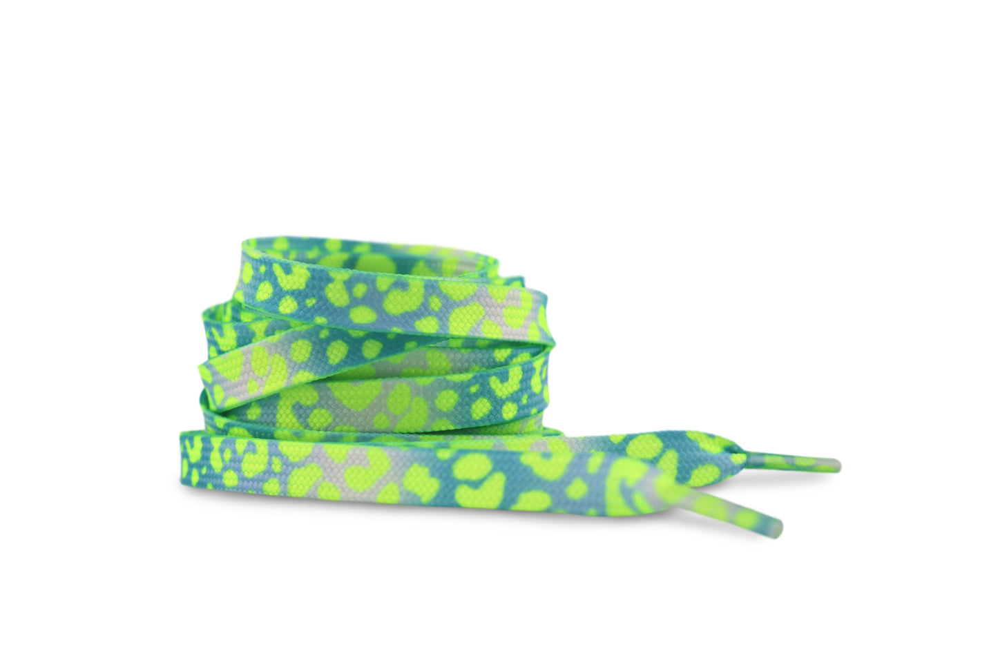 Colorful shoelaces with green and aqua blue pattern on white background