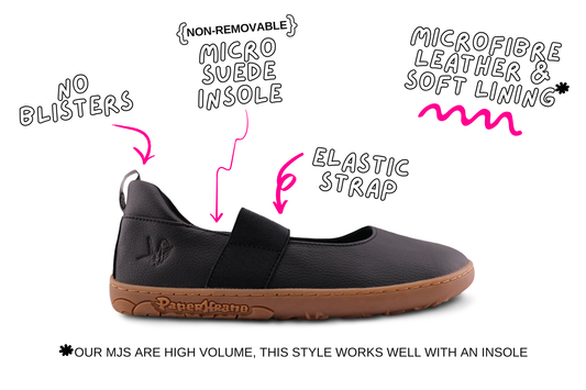 Side view of a black and gum mj from PaperKrane with product details on a white background