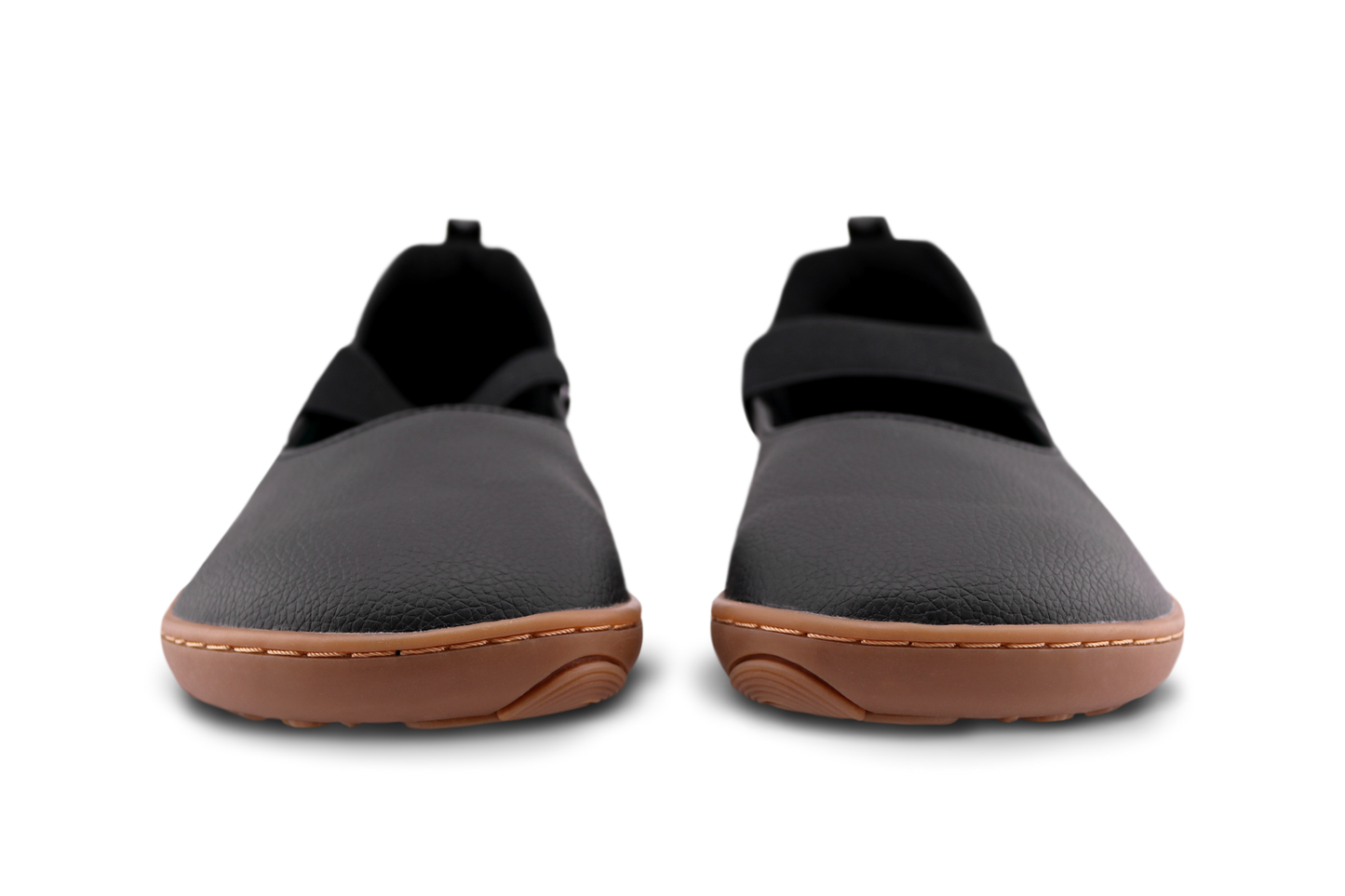 Front view of Licorice MJs from PaperKrane, a black vegan leather on gum sole with wide elastic band. On a white background.