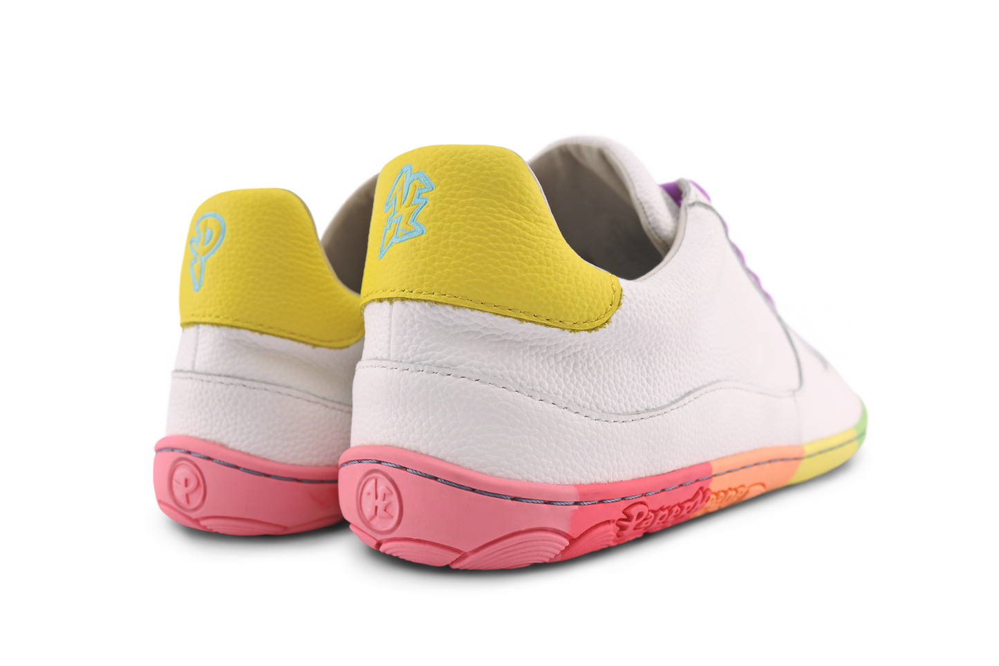 BACK VIEW OF PAPERKRANE BAREFOOT SNEAKERS ON RAINBOW SOLE