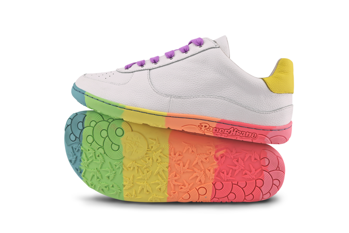 SIDE AND SOLE VIEW OF PAPERKRANE RAINBOW NEON LOW BAREFOOT SNEAKERS
