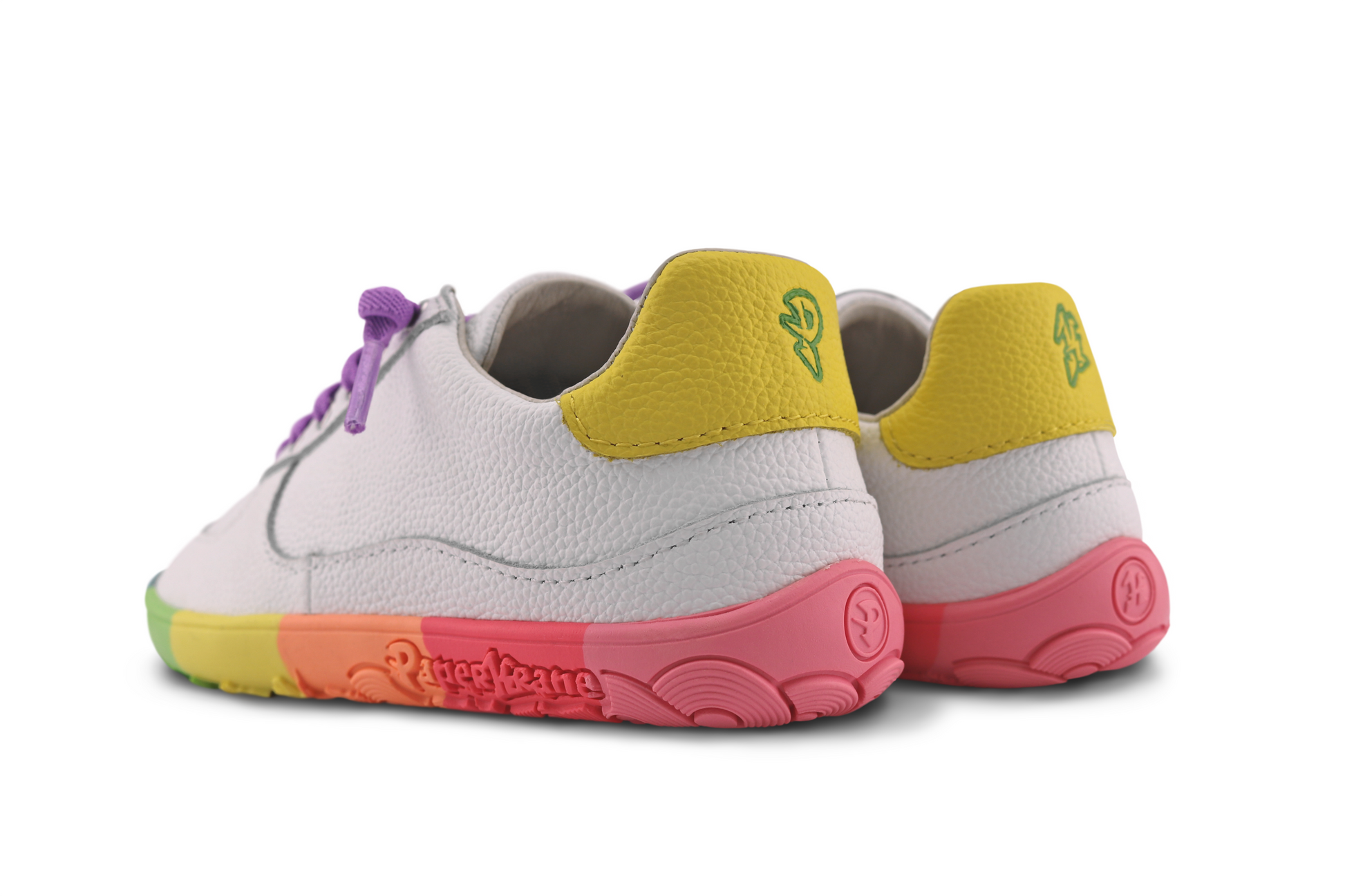 BACK VIEW OF PAPERKRANE NEON LOWS JNR BAREFOOT SNEAKER - SHOWING YELLOW HEEL DETAIL