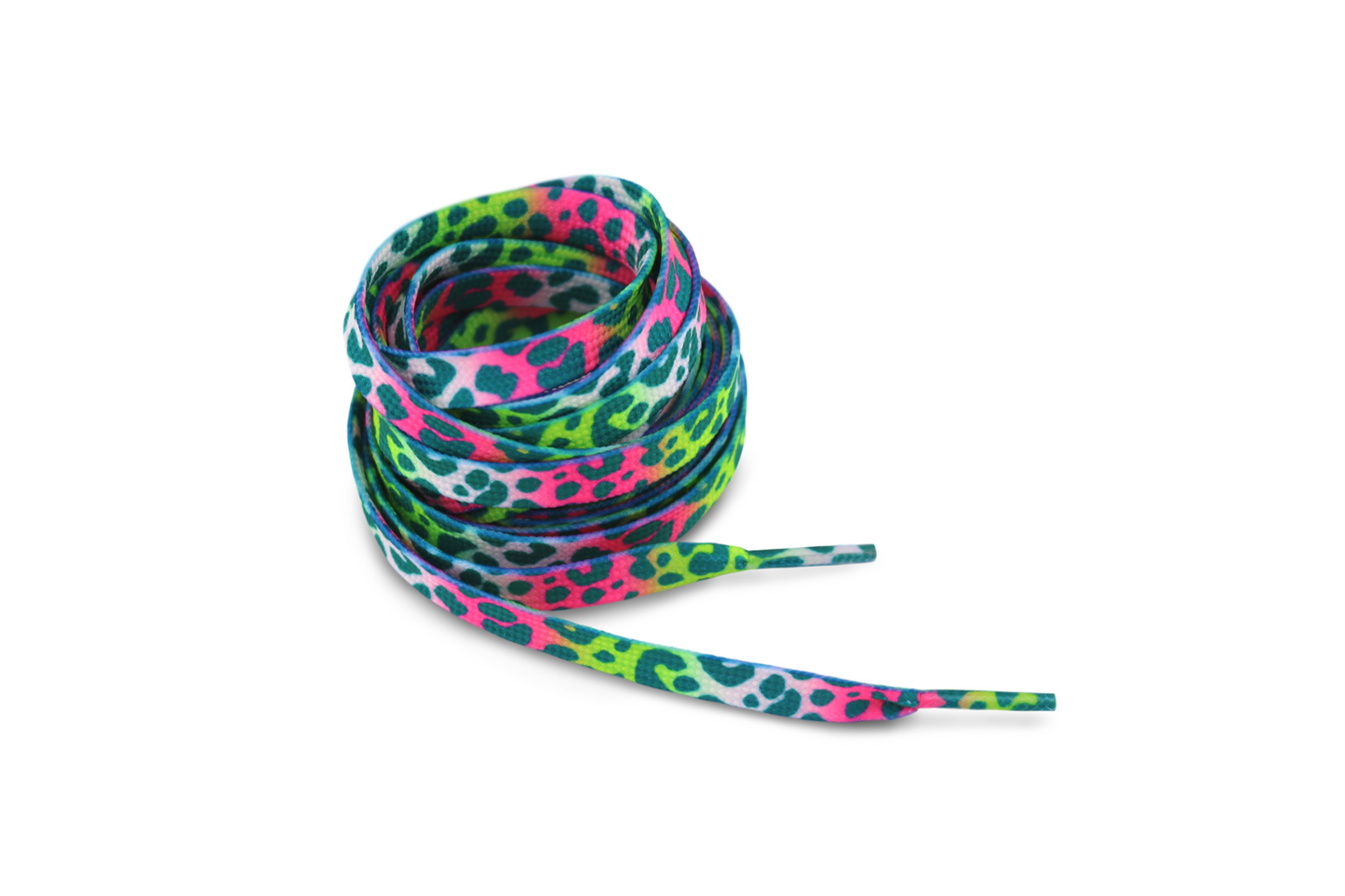 Colorful pink and green leopard print shoelaces on a white background