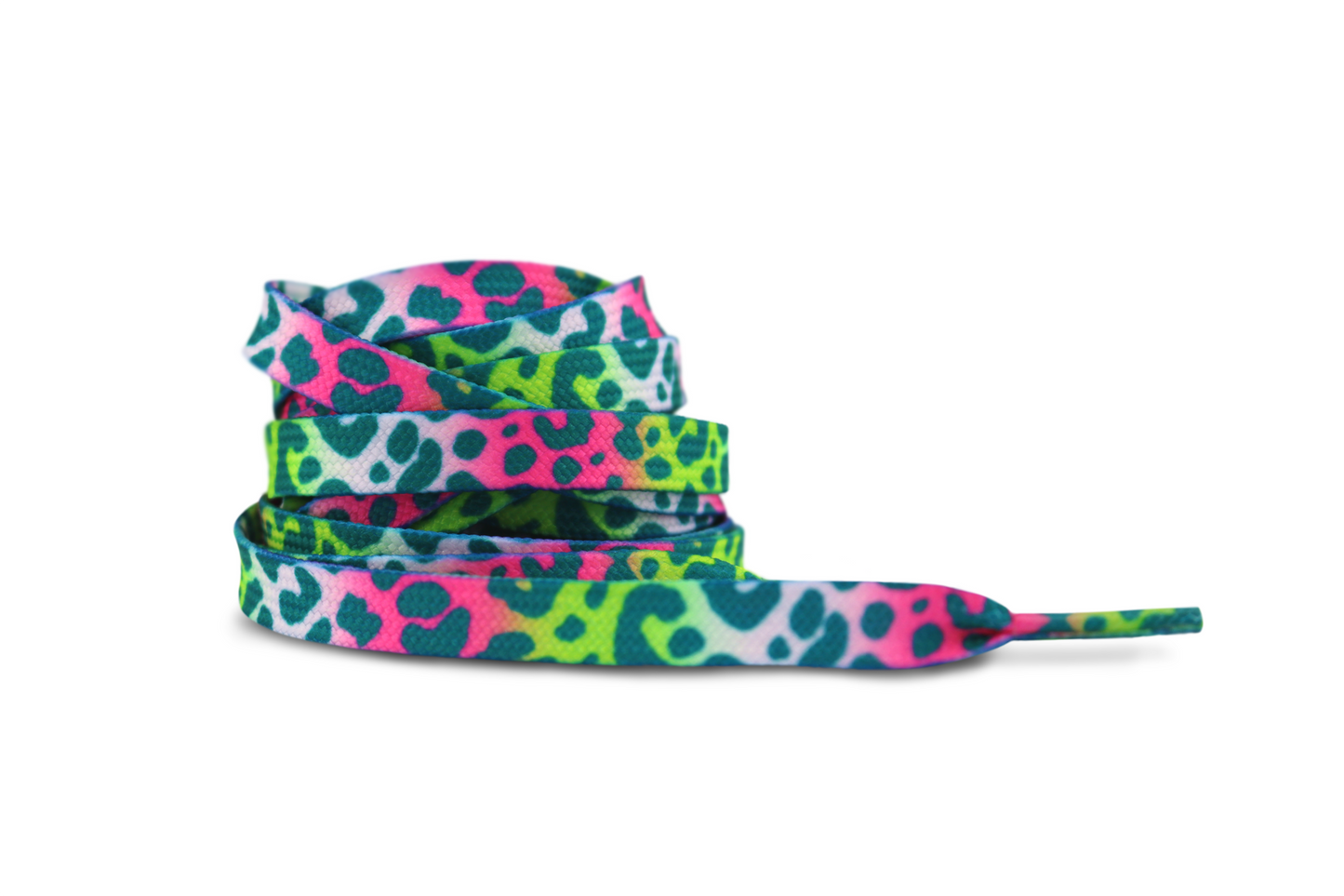 Colorful pink and green leopard print shoelaces on a white background