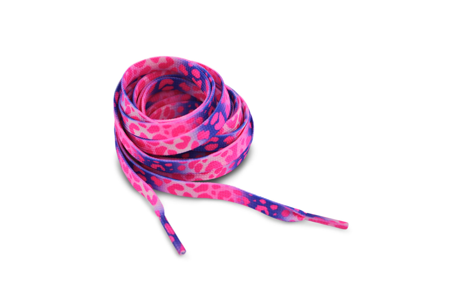 Pink and purple patterned shoelaces on a white background