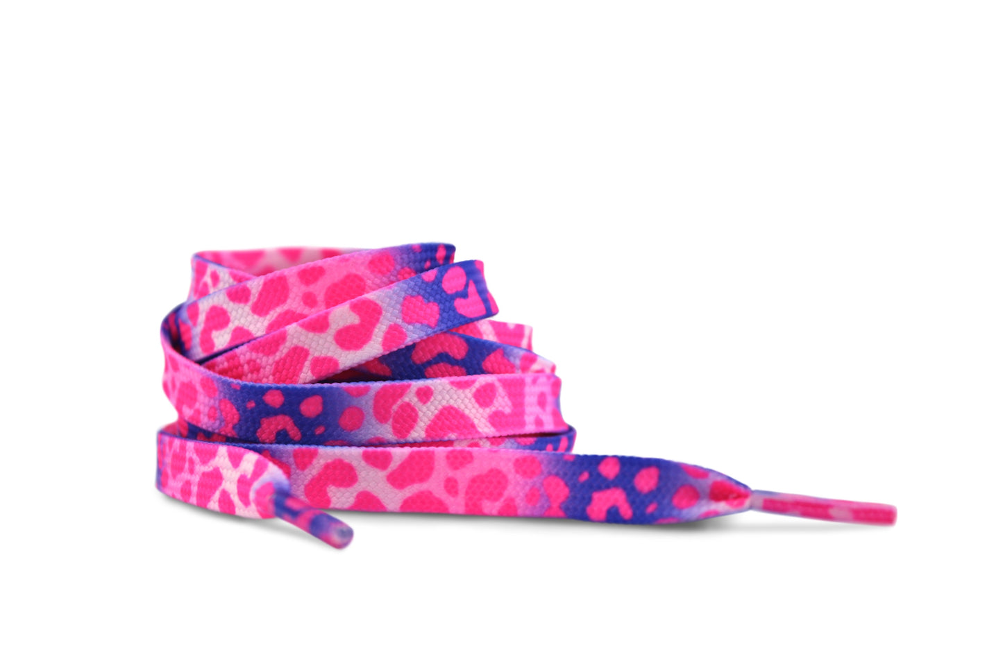 Pink and bluey purple leopard print shoelaces on a white background