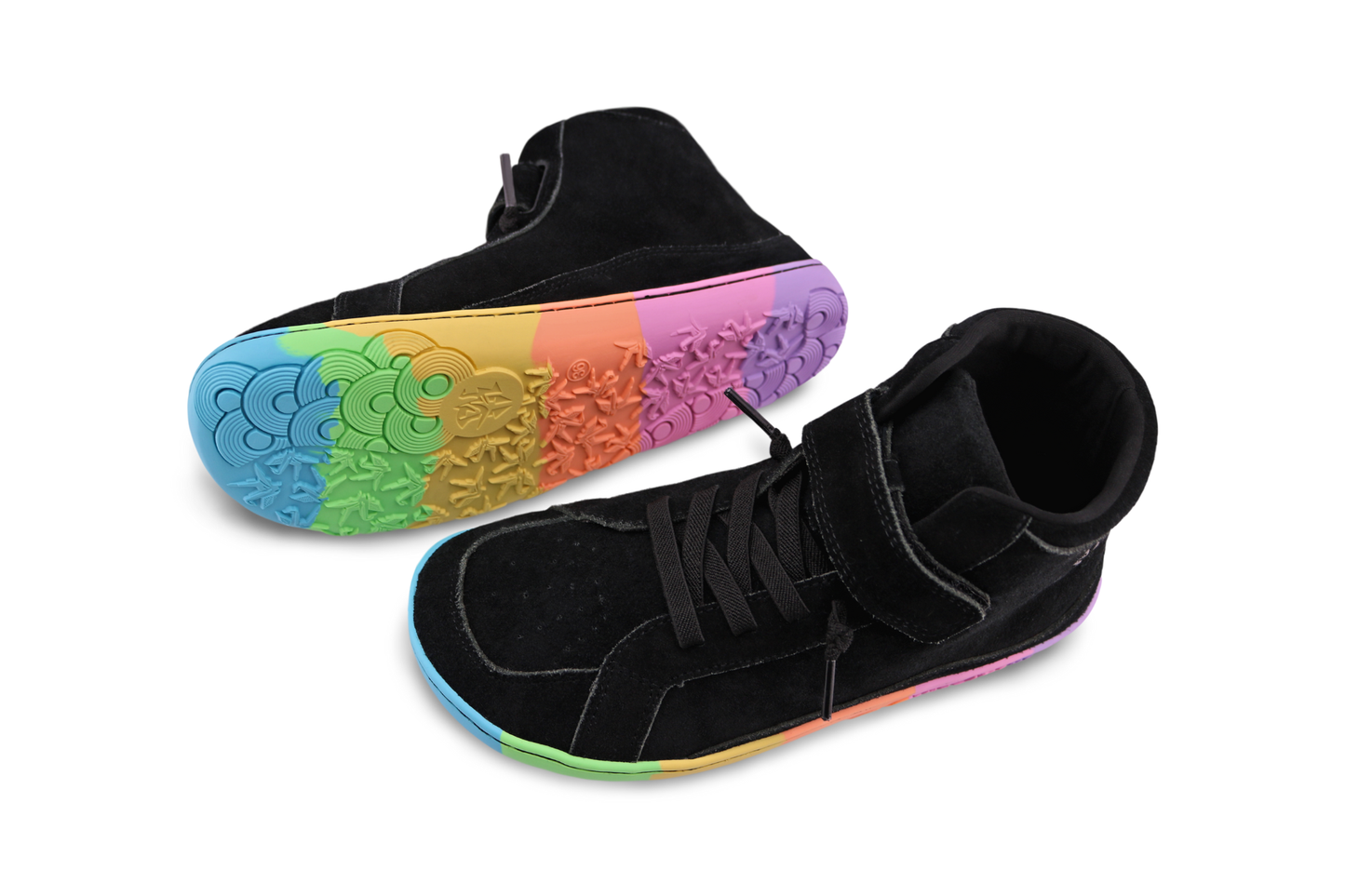 Black mid-top sneakers with colourful sole on a white background