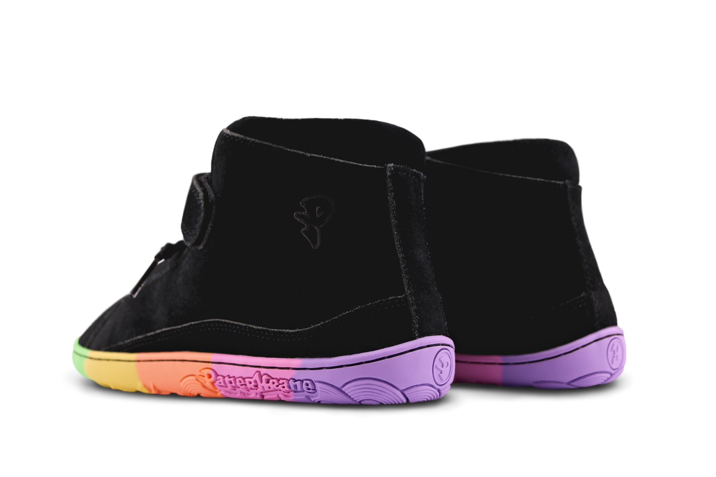 Black high-top sneakers with colourful soles on a white background