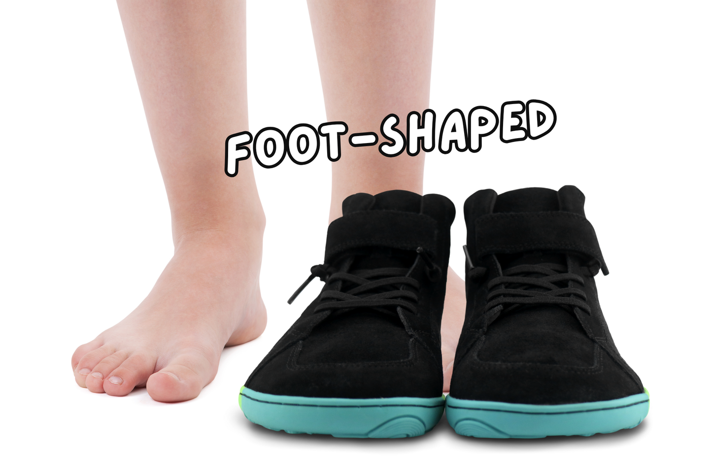 Black mid top shoes with rainbow soles in front ot feet, labelled 'Foot-Shaped', on a white background