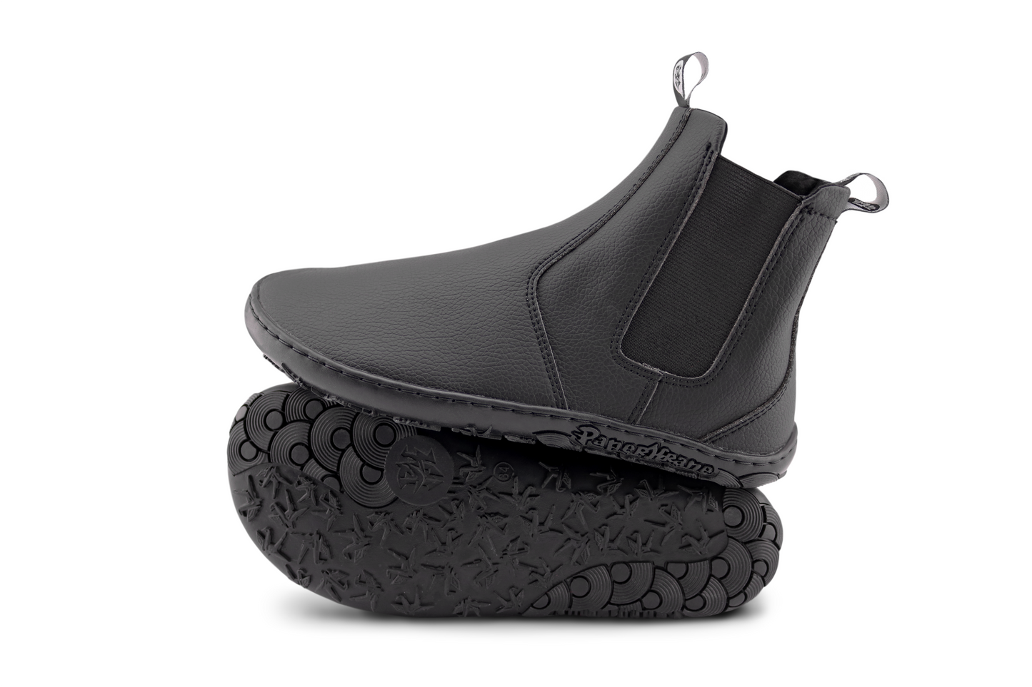 SIDE AND SOLE VIEW OF SLICK BOOT, BLACK VEGAN BAREFOOT CHELSEA BOOT