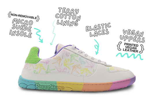 White barefoot sneakers from PaperKrane with a zero drop rainbow sole, and rainbow origami cranes printed on them.
Seen from the side, the image shows one shoe with features written on a while background.