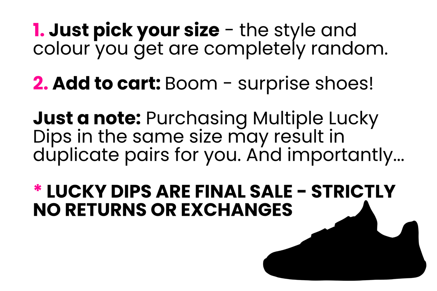 A WHITE BACKGROUND WITH INFORMATION ABOUT THE LUCKY DIP PAPERKRANE SHOES. WITH A BLACK SILHOUETTE OF A SHOE