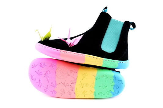 An image of the original PaperKrane Rainbow Sole Chelsea Boots with PAPERKRANE origami on a white background