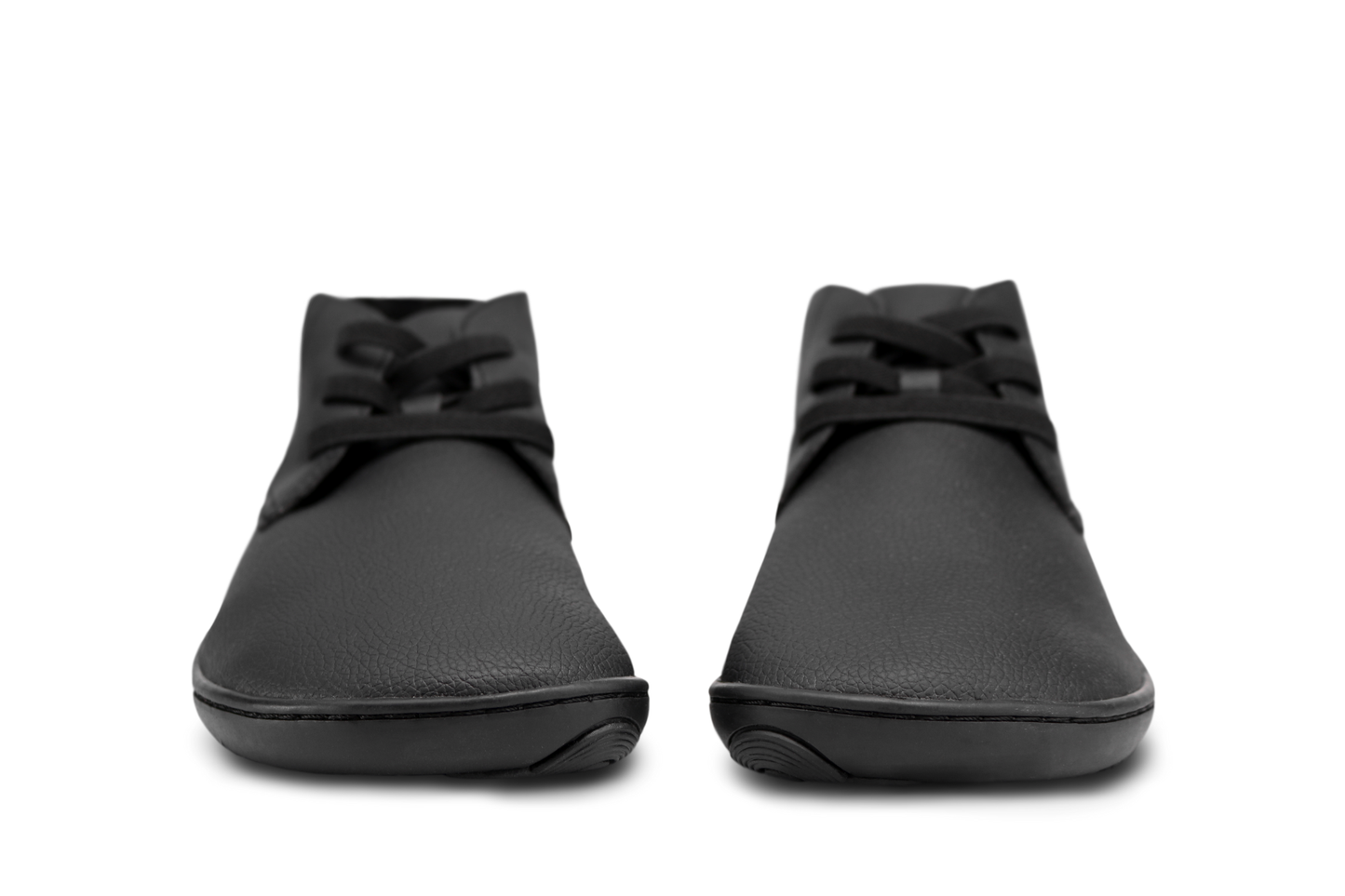 Black PaperKrane barefoot ankle boots from front with elastic laces on white background