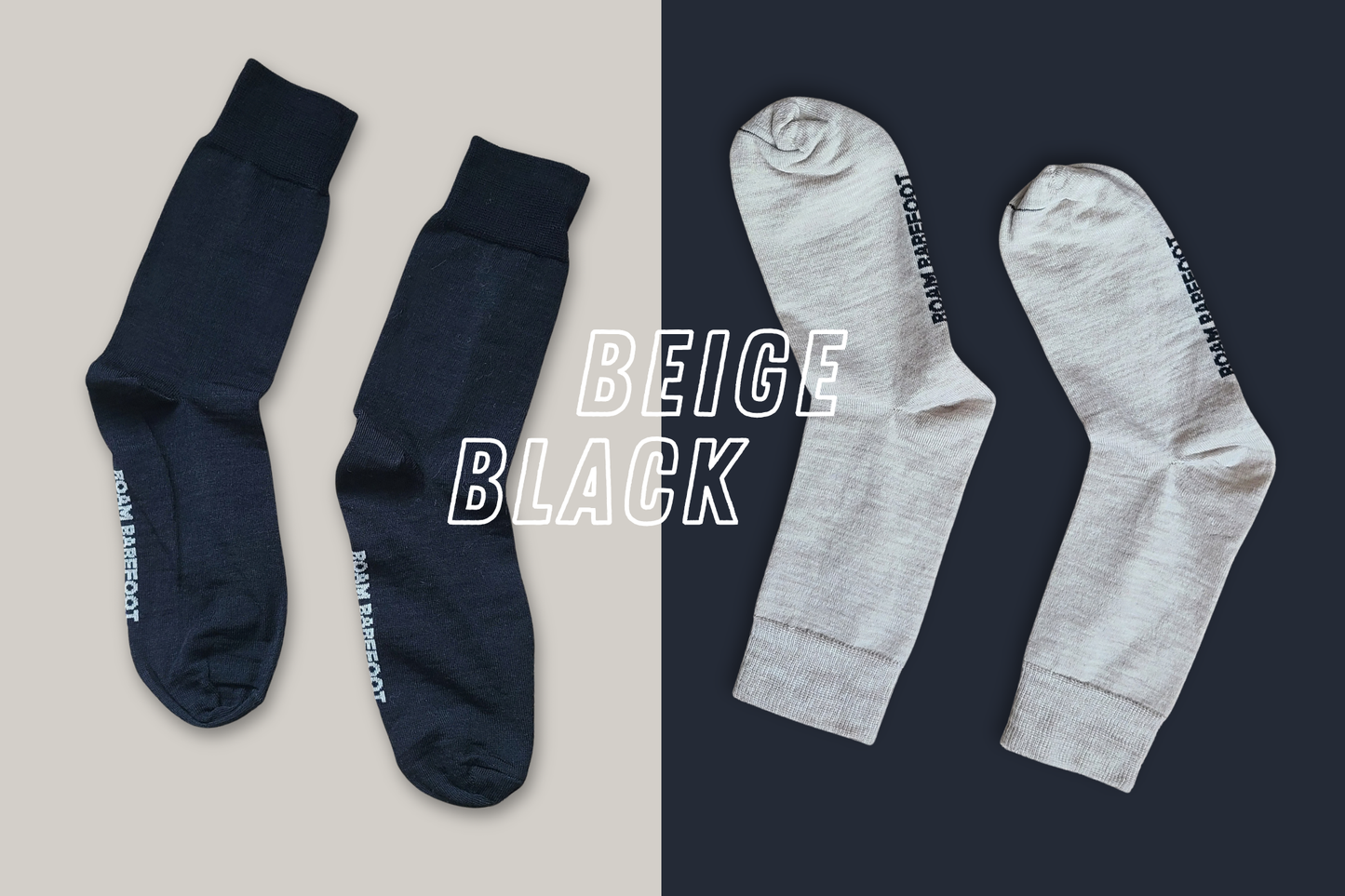 Black and beige merino socks from Roam Barefoot, they're made in New Zealand, and are on a black and beige background. 