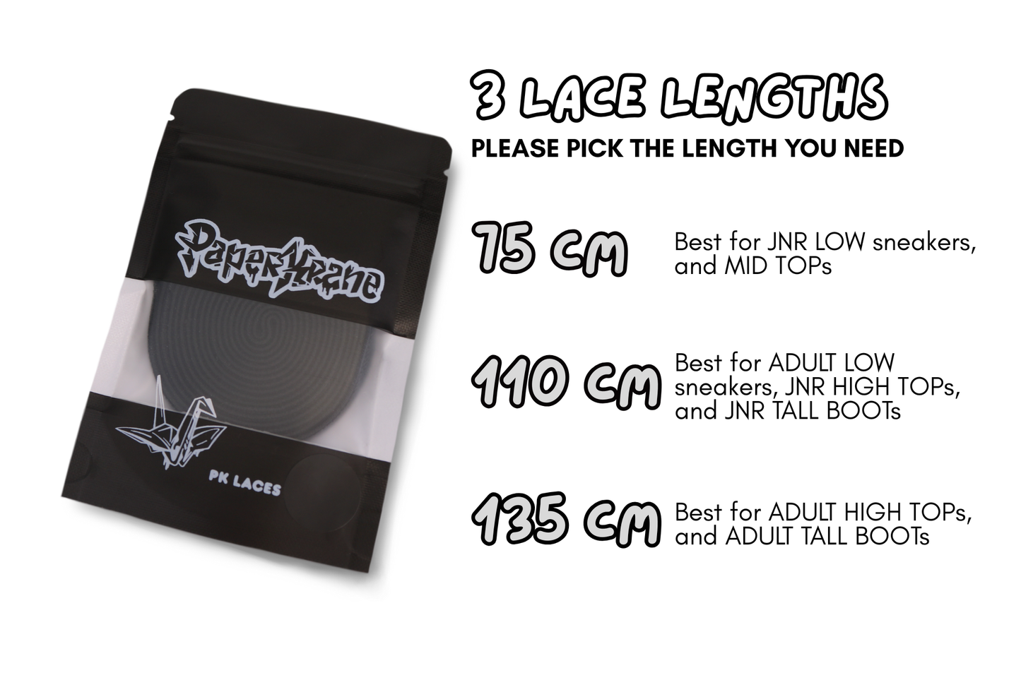 Packaged black elastic laces with PK branding and size information on a white background