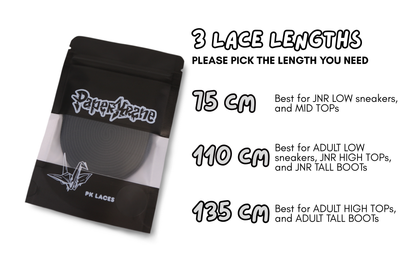 Packaged black elastic laces with PK branding and size information on a white background