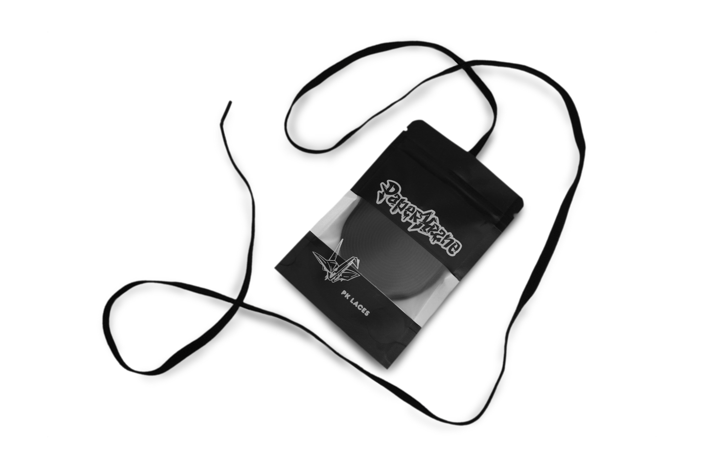 Black PaperKrane elastic laces and visible brand logo on a white background