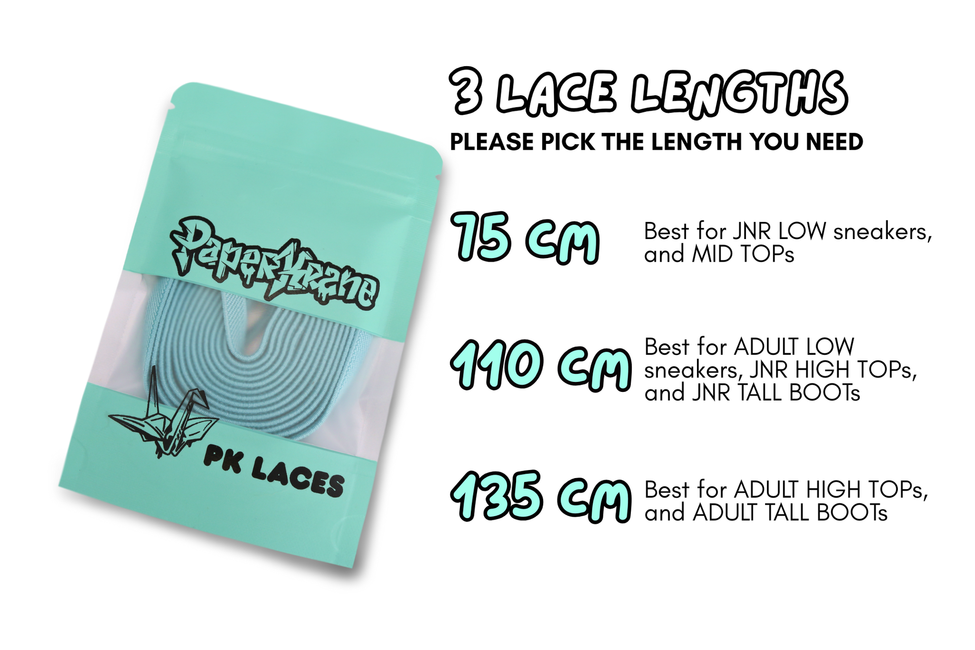 Packaging of PK Laces with lace length information on a white background