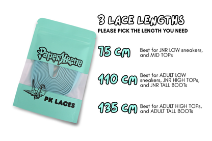 Packaging of PK Laces with lace length information on a white background