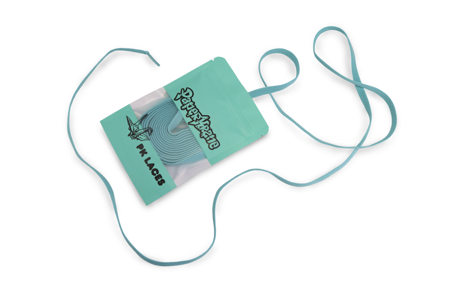Turquoise PaperKrane elastic shoelaces on a white background