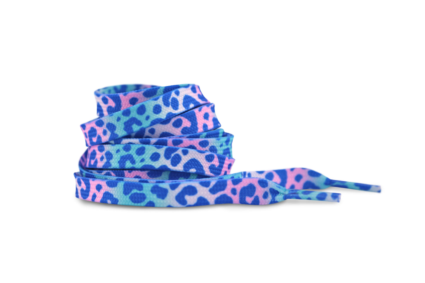 Colorful blue leopard print shoelaces on a white background