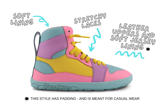 Colourful high top PaperKrane sneaker with text highlighting features on a white background