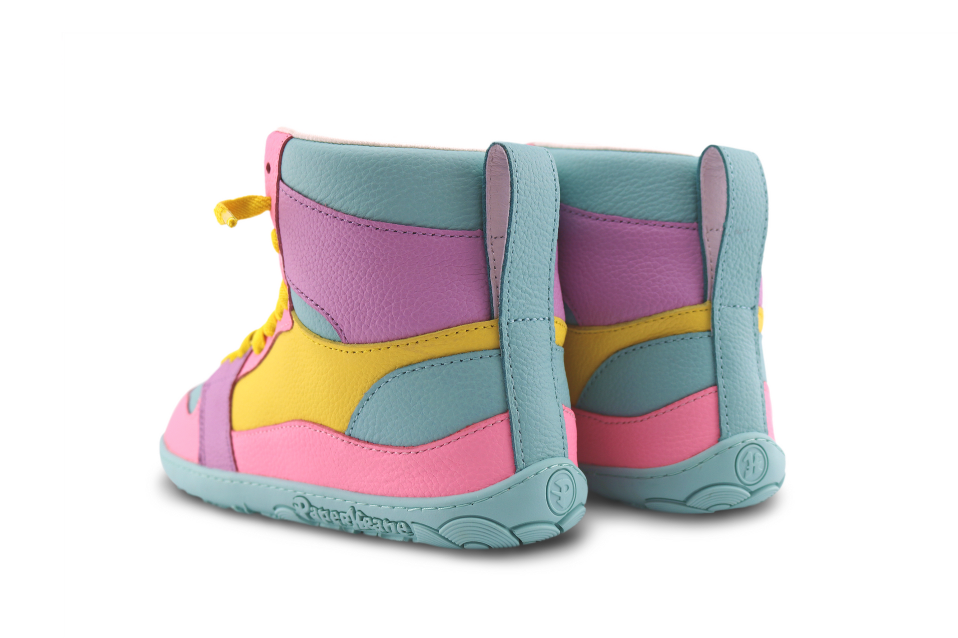 PaperKrane hightop candy boots with pink, yellow, and blue design on a white background