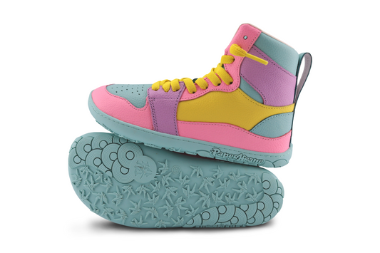 Colourful pastel candy PaperKrane high top shoes with a unique sole design on a white background