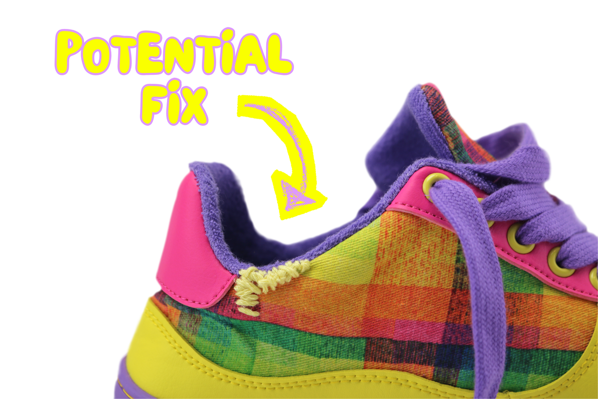 A colourful barefoot sneaker with a rainbow plaid pattern, purple collar and laces, and a bright pink heel tab. A yellow arrow points to a frayed tear (with rough threaded lemon colour stitching) on the side of the shoe, with the text 'POTENTIAL FIX' overlaid on the image against a white background.