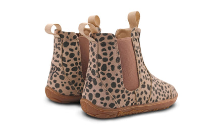 A pair of PaperKrane chelsea boots with a beige and charcoal cheetah print pattern, elastic side panels, and pull tabs, shown from a rear angle on a white background.