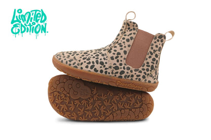 A pair of PaperKrane barefoot slip-on suede chelsea boots with a beige and charcoal cheetah print upper, a brown elastic side panel, and a gum sole, shown on a white background with a teal 'Limited Edition' graphic in the top left.