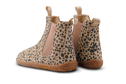 THe back view of a pair of PaperKrane cheetah-print suede chelsea boots. They're beige and charcoal on a gum sole, and are on a white background. 