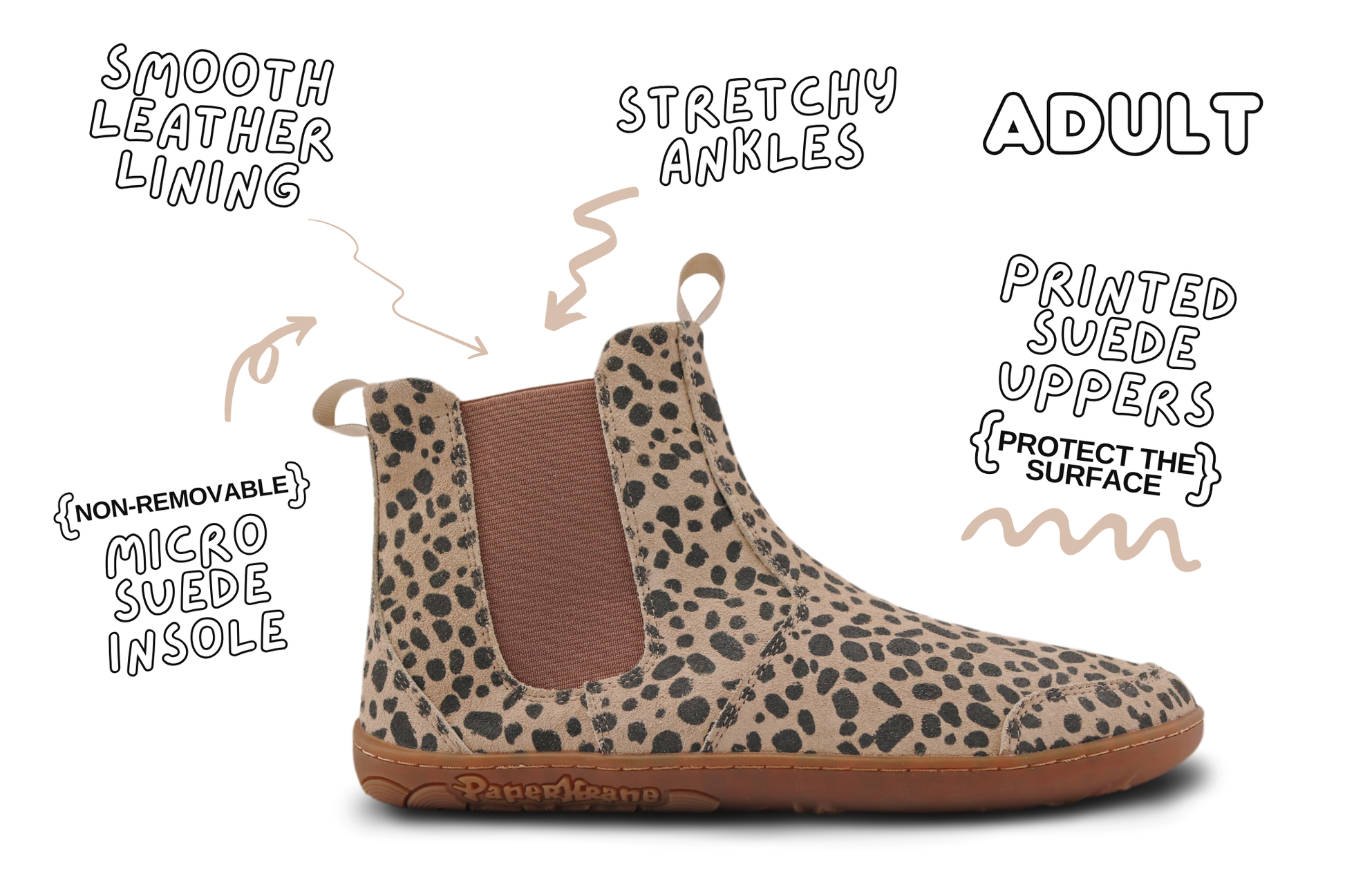 A single PaperKrane suede chelsea boot with a beige and black leopard print upper, brown elastic side panel, and gum outsole, shown on a white background with hand-drawn callouts highlighting features like stretchy ankles, non-removable micro suede insole, and printed suede uppers.
