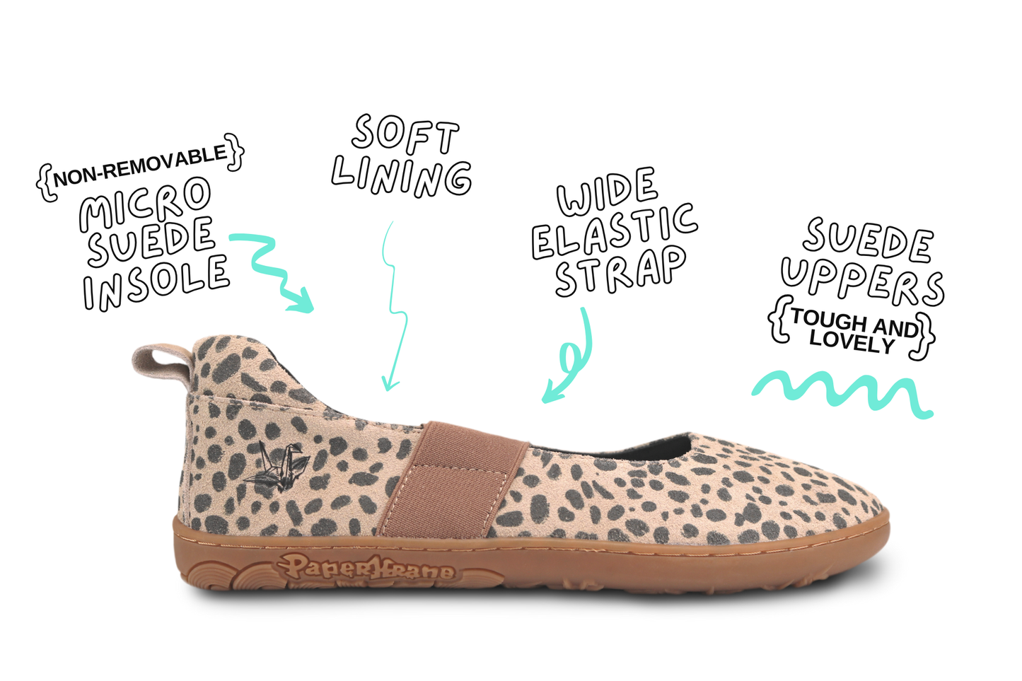 Cheetah print slip-on shoe with text highlighting features on a white background
