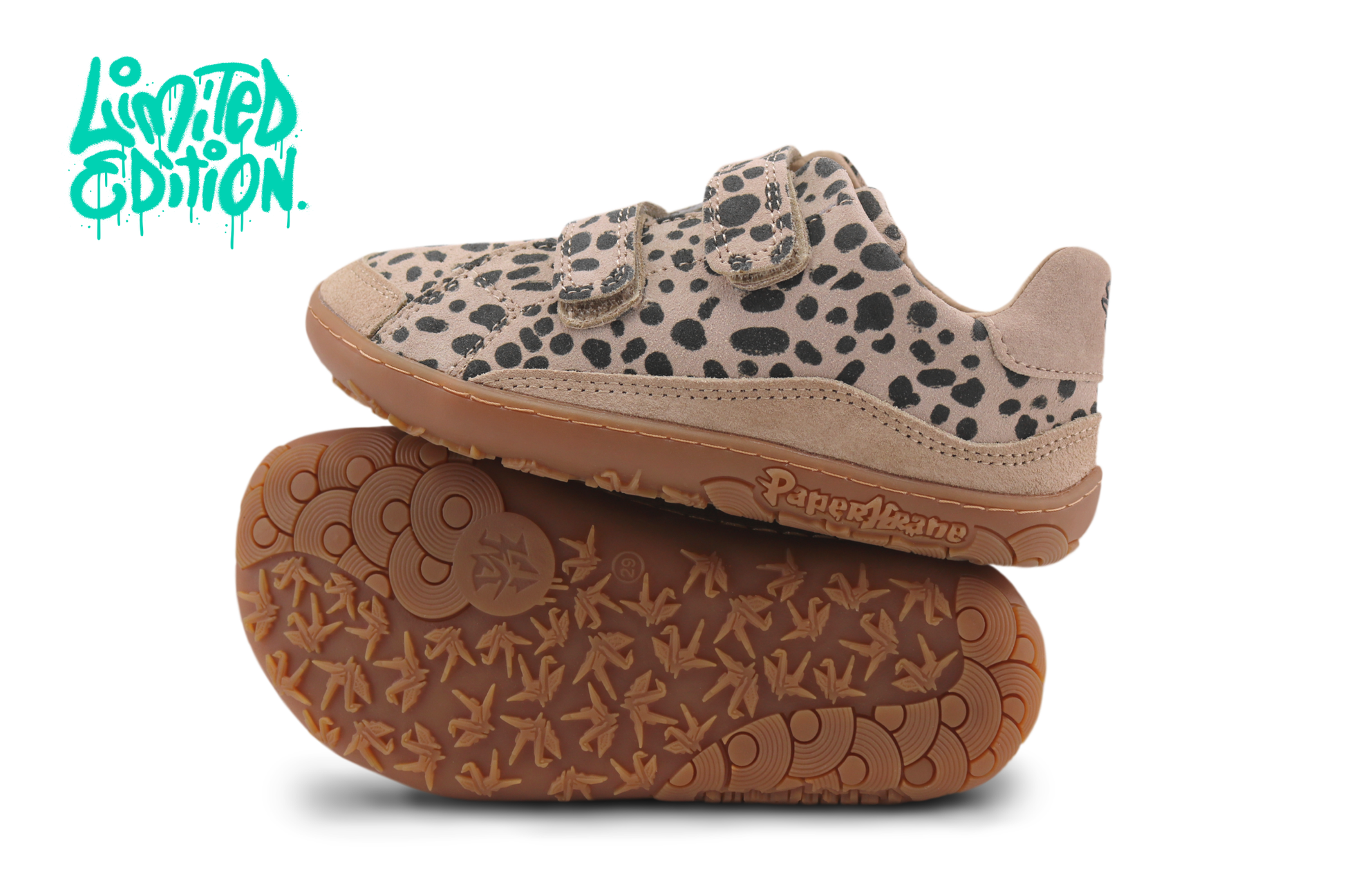 Pair of PaperKrane children's barefoot shoes with leopard print pattern and foot-shaped gum sole on a white background. With "limited edition" written in teal in the top left corner. 