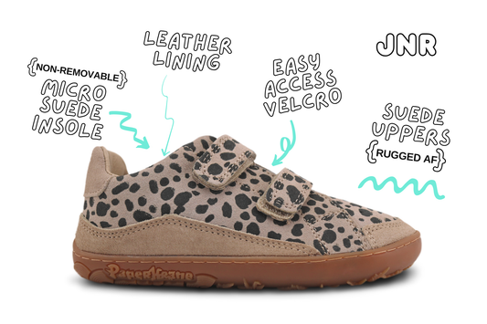 Child's cheetah print velcro shoe with features highlighted on a white background