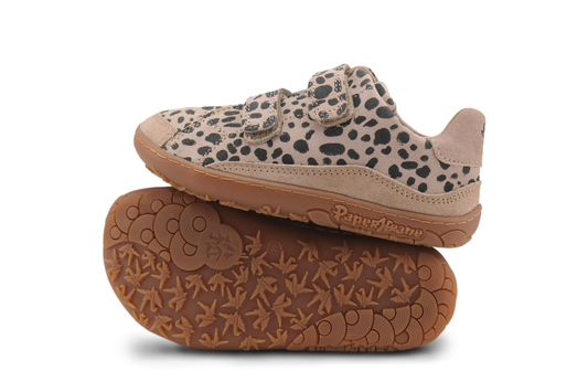 Pair of children's shoes with cheetah print pattern on a white background