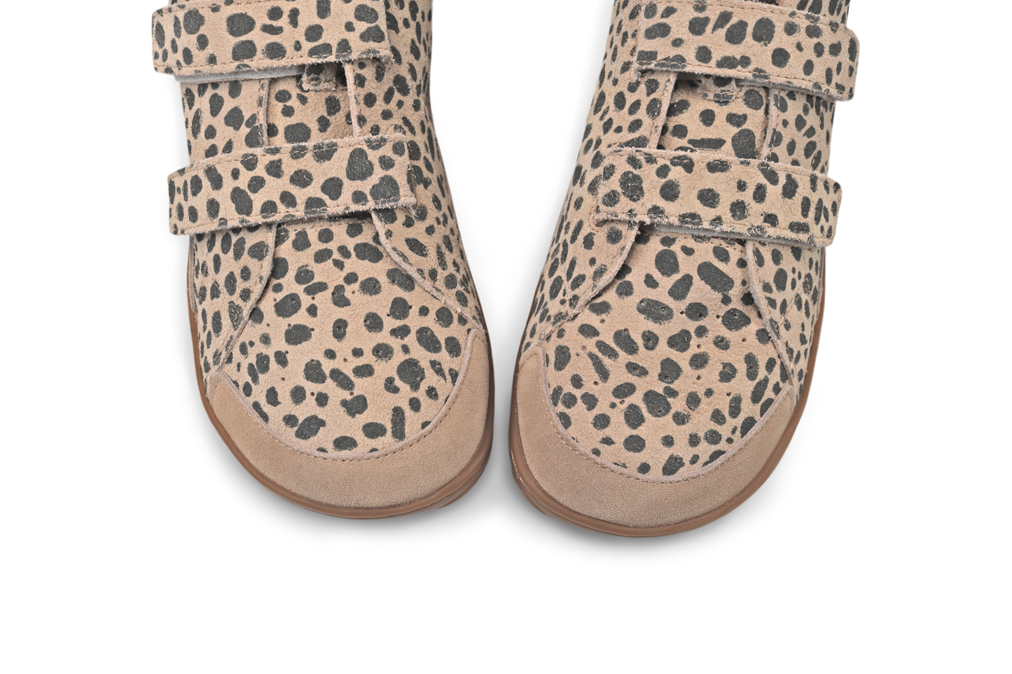 Adults foot-shaped cheetah print velcro sneakers on a white background.