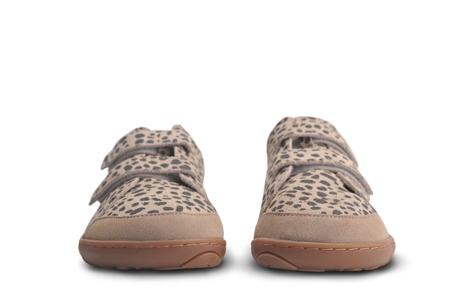 Adults foot-shaped cheetah print velcro sneakers on a white background.